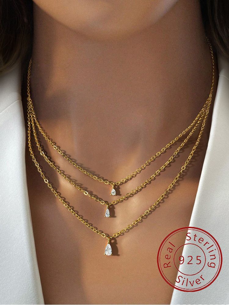 Layered Necklace Set - 925 Sterling Silver Three Layer Golden