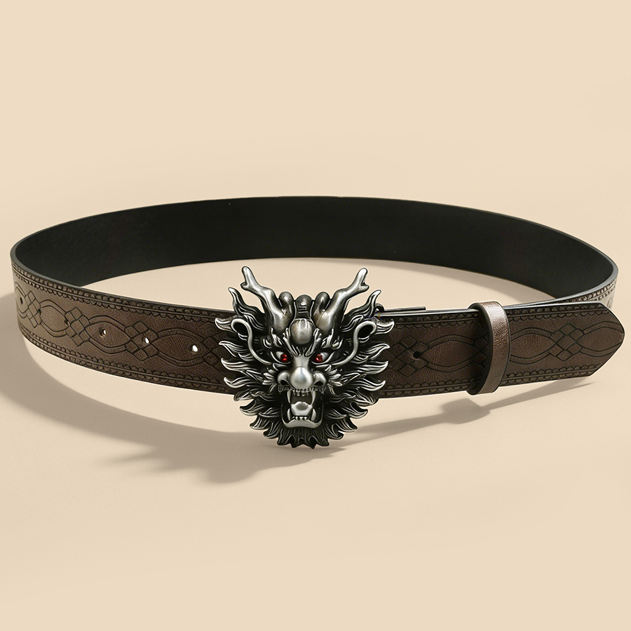 Women Electronic Accessories - Chinese Dragon Head Buckle Belt Brown