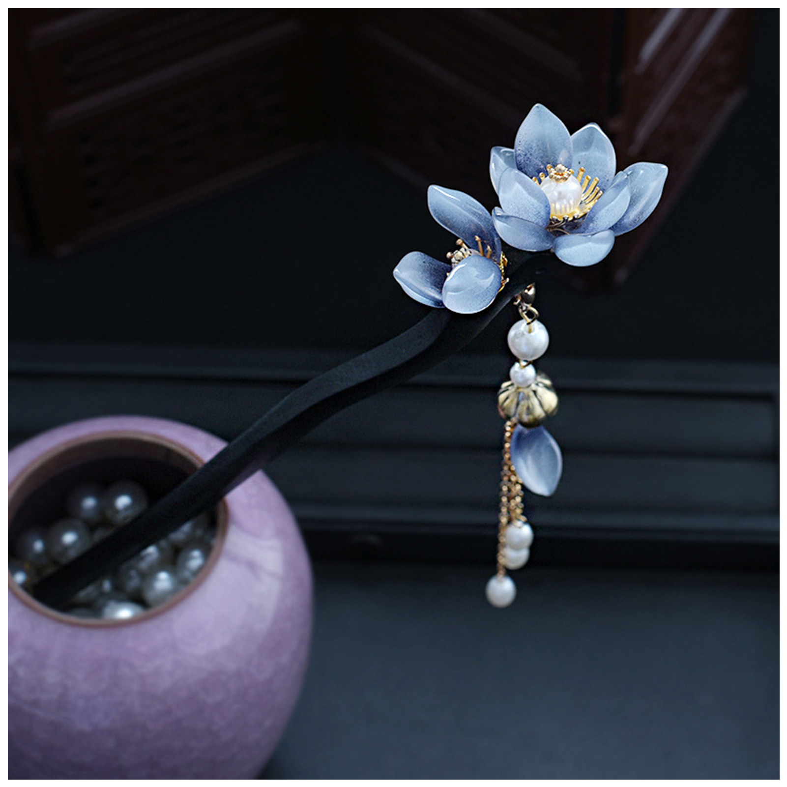 Women Accessories Wholesale - Blue Flower Hair Stick Vintage Pearl