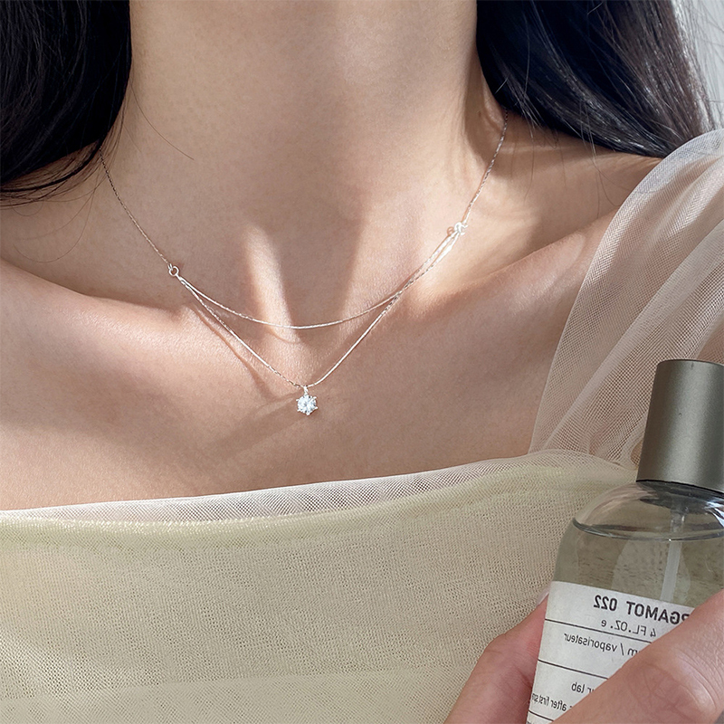 Layered Necklace Set - 925 Sterling Silver Four Claw Zircon